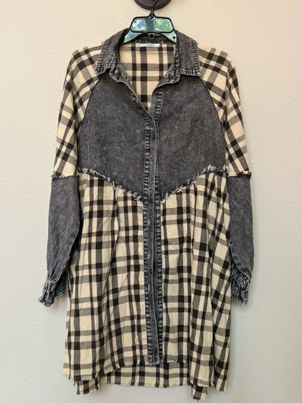 Oversized button down top. Could be worn as a dress or top. Denim and plaid